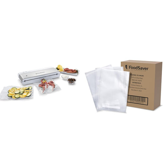 FoodSaver Compact Vacuum Sealer Machine with Sealer Bags and Roll for Airtight Food Storage and Sous Vide, White & Quart Vacuum Seal Bags, BPA-Free for Food Storage and Sous Vide, 120 Count