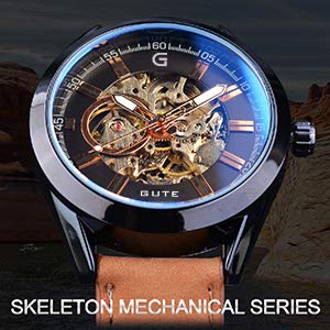 Gute Mens Watches, Mechanical Skeleton Automatic Self-Winding Steampunk Watch for Men, Casual Clock Brown Leather Wrist Watch