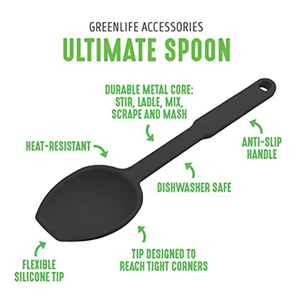 GreenLife Cooking Tools and Utensils, Silicone Spoon for Scooping Scraping and Mixing, Heat and Stain Resistant, Dishwasher Safe, Grey