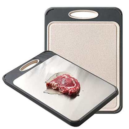 GUANCI Cutting Board for Kitchen, Stainless Steel Cutting Board Double Sided for Chopping Meat/Vegetables, Stainless Steel/Wheat Straw PP, Kitchen Gifts Easy to Clean Large 16”×11”