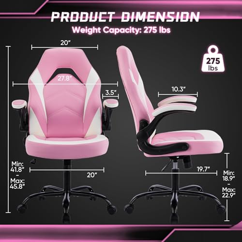 Gaming Ergonomic Office Chair for Adults, Height Adjustable Computer Desk Chair with Flip-up Armrests, PU Leather Swivel Video Game Chair with 360° Rolling Wheels, Pink