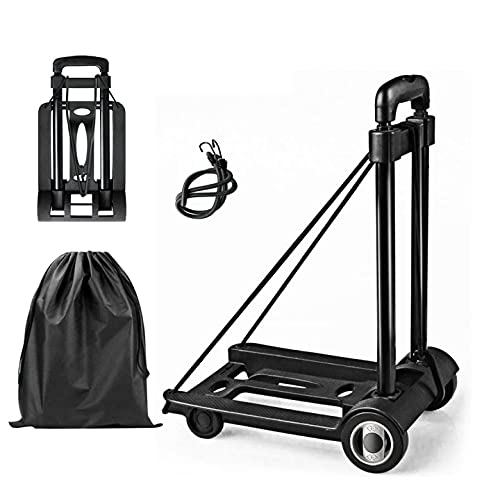 Folding Hand Truck 110lbs, 2+2 Wheel System - 2 Rotating & 2 Stabilizer Wheels Dolly Cart with Elastic Rope & Storage Bag, Adjustable 3-Level Handle for Shopping, Travel, Office, Home Use