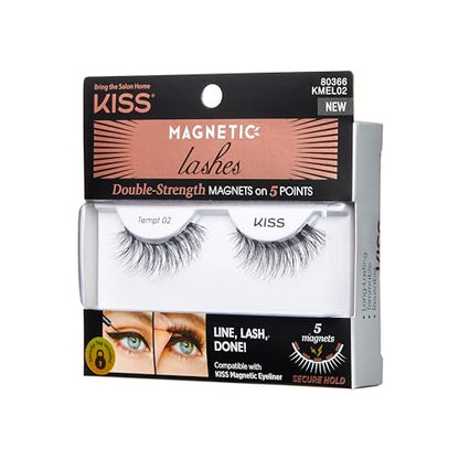 KISS Magnetic Lashes, Tempt, 1 Pair Synthetic False Eyelashes With 5 Double Strength Magnets, Wind Resistant, Dermatologist Tested Fake Lashes Last Up To 16 Hours, Reusable Up To 15 Times Black