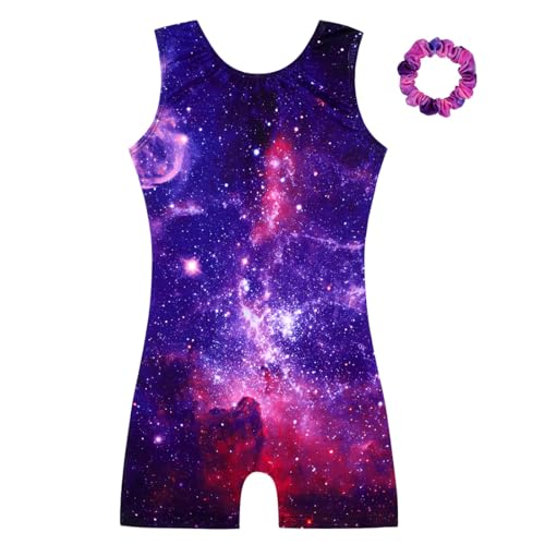 HOZIY Girls Leotards for Gymnastics with Shorts Kids Leo Scrunchies Tumbling Outfits Unitards Galaxy Blue Purple Hot Pink