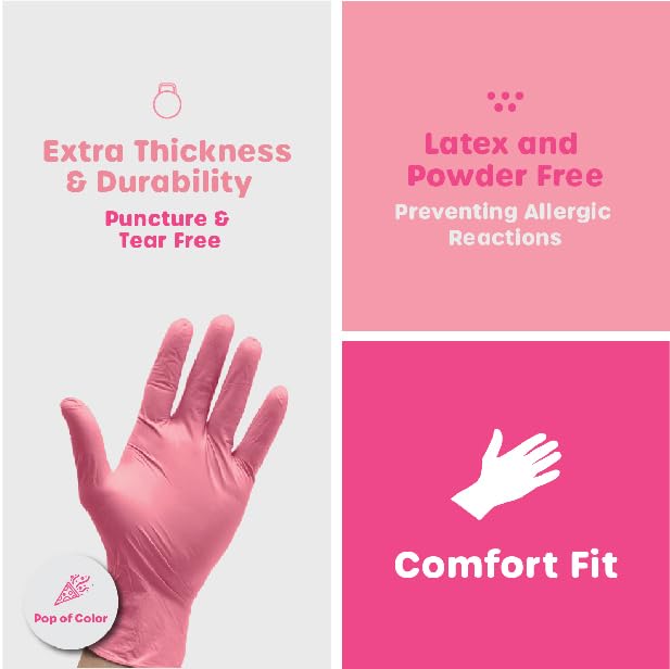 Comfy Package [100 Count] Pink Nitrile Disposable Gloves - | Latex Free and Rubber Free | Non-Sterile Powder Free Gloves - Large