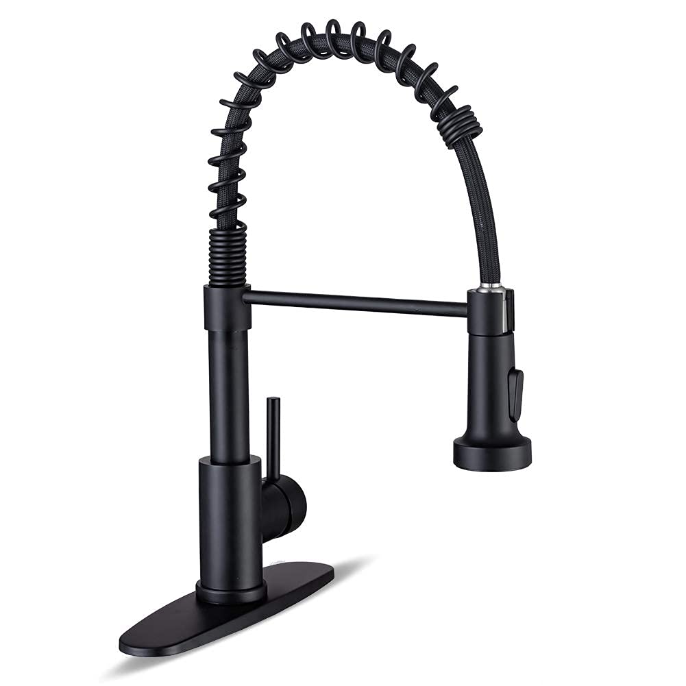 Kitchen Faucets with Pull Down Sprayer Commercial Industrial Stainless Steel Single Handle Single Hole Spring Farmhouse RV Sink Faucet, Matte Black Kitchen Faucet for Laundry Utility Room Sink