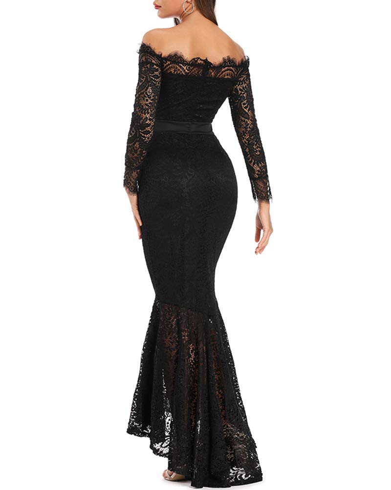 LALAGEN Women's Floral Lace Long Sleeve Off Shoulder Wedding Mermaid Dress Black XL
