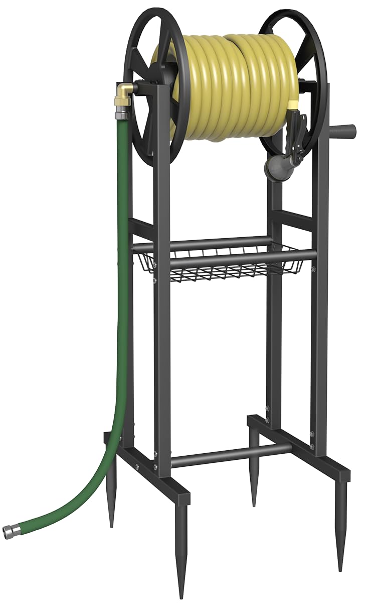Garbuildman Ground Mount Garden Hose Reel Holds 125 Feet of 5/8-Inch with 3.9 ft Leader Hose, Brass Fitting, Water Hose Holder Stand with Storage Rack & 4 Spikes Base for Outdoor Lawn, Black