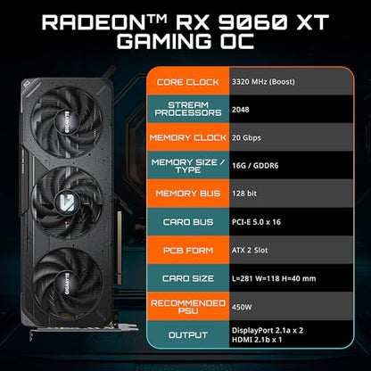 GIGABYTE Radeon RX 9060 XT Gaming OC 16G Graphics Card, PCIe 5.0, 16GB GDDR6, GV-R9060XTGAMING OC-16GD Video Card