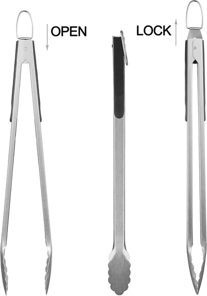 grilljoy 8PCS BBQ Grill Tools Set with Extra Thick Stainless Steel Spatula, Fork, Tongs & Cleaning Brush - Complete Barbecue Accessories Kit with Portable Bag - Perfect Grill Gifts for Men Black