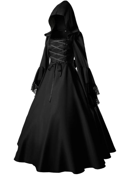 Jeufoin Women's Gothic Victorian Witch Vampire Dress Medieval Renaissance Halloween Cosplay Hooded Costume (xxx-large, black)