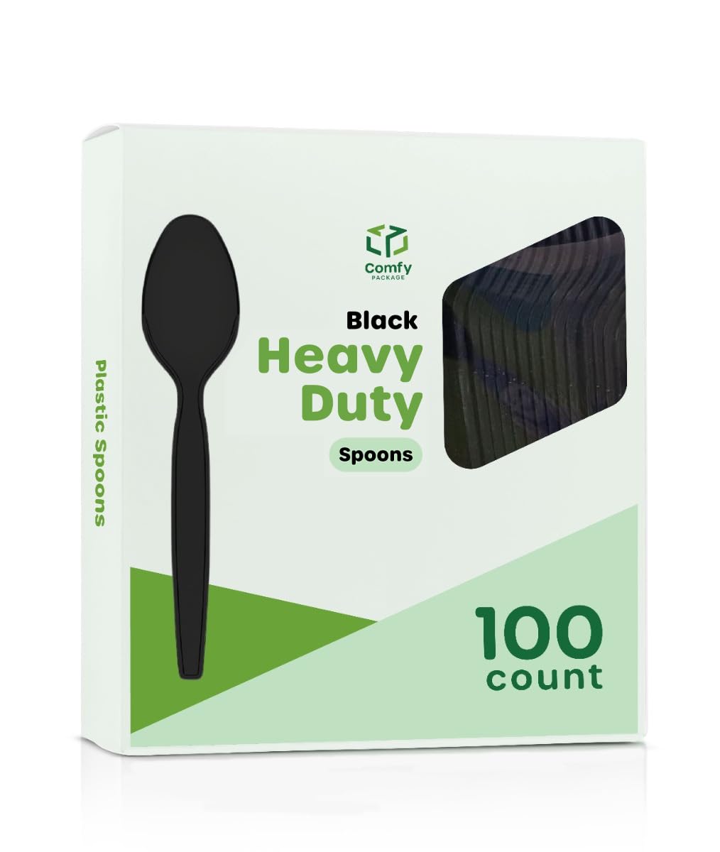 Comfy Package [100 Pack] Basic Black Plastic Spoons, Heavy Duty Disposable Utensils - Perfect for Parties, Events, and Dinner