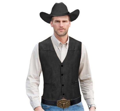 KAIPUTE Western Cowboy Costume Men's Vest Hat Belt for Adult Halloween Party Cosplay Black
