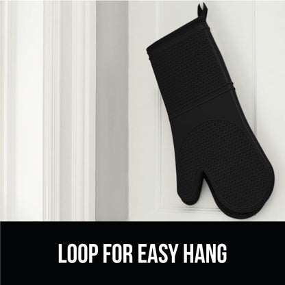 GORILLA GRIP BPA-Free Soft Silicone Oven Mitts, Heat Resistant and Waterproof Cooking Gloves, Thick Cotton Lining, Flexible Gripping for Baking Grilling, Kitchen Potholders Set of 2, 12.5x8.3, Black