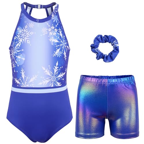 JOYSTREAM Gymnastics Leotards for Girls With Shorts Sparkly Ballet Dance Clasp Back Activewear Blove Snowflake,10-11Years