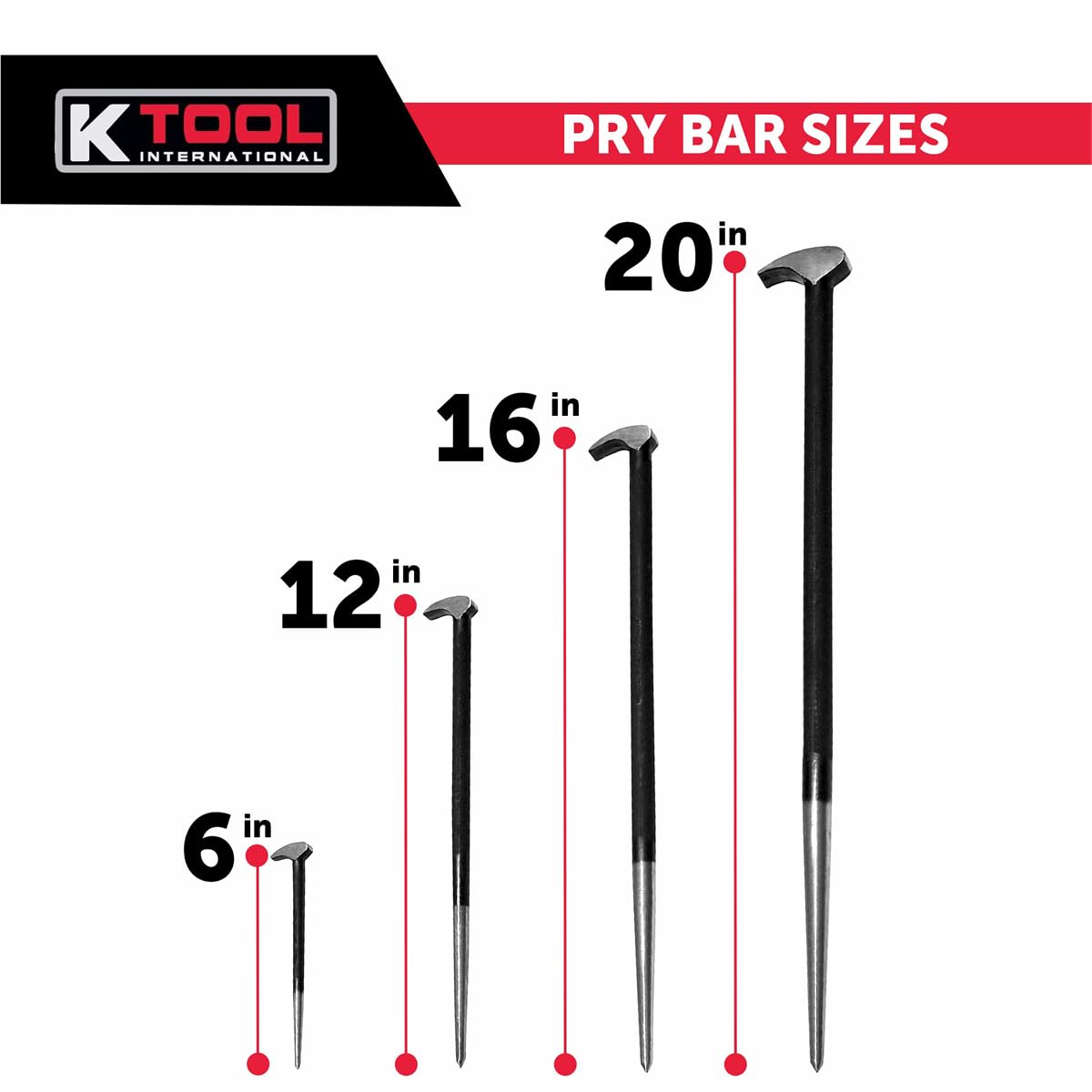 K Tool International 71600 4 Piece Pry Bar Set for Garages, Repair Shops, and DIY, Lady Slipper Style, Heavy Duty Heat Treated Steel, Rolling Head, Organizing Case, Includes Sizes 6", 12", 16", 20"