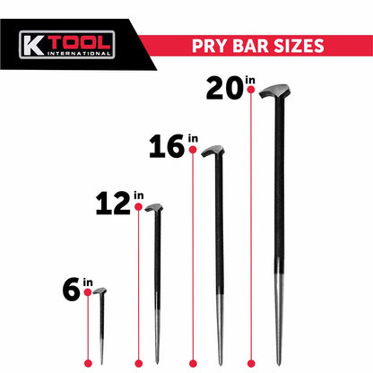 K Tool International 71600 4 Piece Pry Bar Set for Garages, Repair Shops, and DIY, Lady Slipper Style, Heavy Duty Heat Treated Steel, Rolling Head, Organizing Case, Includes Sizes 6", 12", 16", 20"