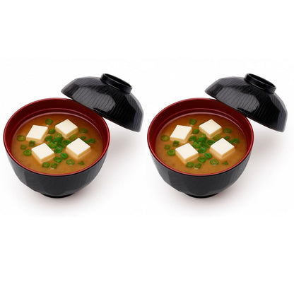 JapanBargain 1904x2, Set of 2 Miso Soup Bowl with Lid Japanese Rice Bowl Traditional Plastic Lacquered Black and Red Bowl Made in Japan