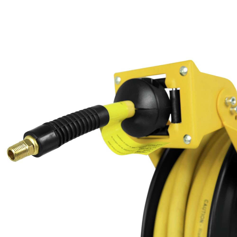 DEWALT Retractable Air Hose Reel 50ft, Wall or Truck Bed Mounted Usable for Pnuematic Air Tools for Mechanics, Garage, At Home and More: Double Arm Construction, 3/8in x 50ft Hose