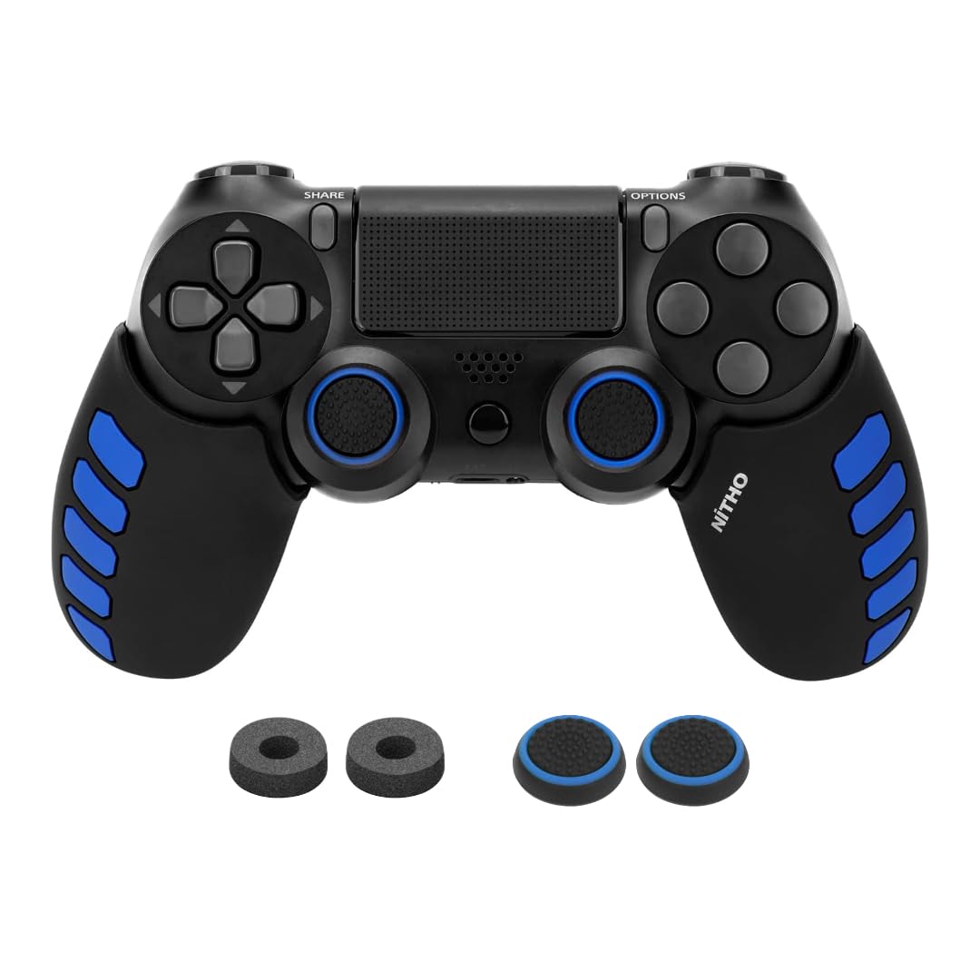 Controller Silicone Case Grip Set for PS4 - Rubber Protector Handle with 2X Joystick Thumb Caps and 2X Analog Precision Rings - Compatible with PS4/Slim/Pro - Blue Stripe