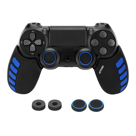 Controller Silicone Case Grip Set for PS4 - Rubber Protector Handle with 2X Joystick Thumb Caps and 2X Analog Precision Rings - Compatible with PS4/Slim/Pro - Blue Stripe