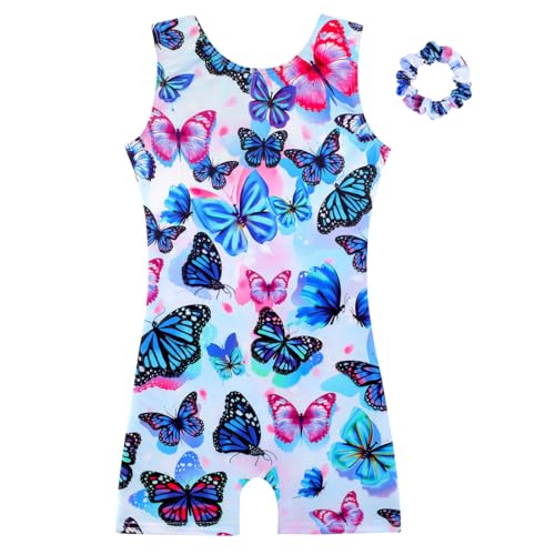 HOZIY Leotards for Girls Gymnastics Size 5-6 Year Old With Shorts Scrunchy White Colorful Pink Aqua Blue Rainbow Butterfly Kids Biketard Clothes Outfits Little Toddler Girl