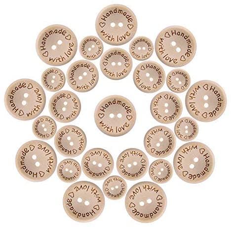 150pcs Wooden Handmade with Love Round Craft Decor 2 Holes Wooden Sewing Buttons (15-20-25mm)