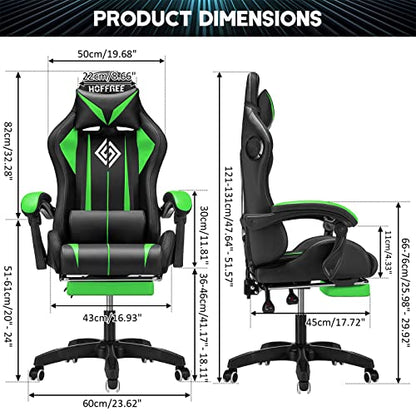 Gaming Chair Massage with Bluetooth Speakers and Lights Ergonomic Computer Game Chair with Footrest LED RGB Lights High Back Music Video Game Chair with Lumbar Support Green and Black