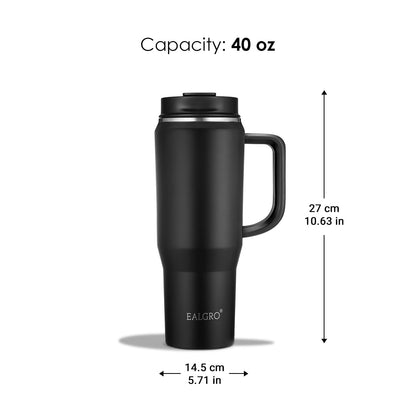 EALGRO 40 oz Tumbler with Handle, Insulated Tumblers with Lid and Straw, Large Metal Sports Water Bottle Jug, Thermal Stainless Steel Travel Coffee Mug Cup, Black