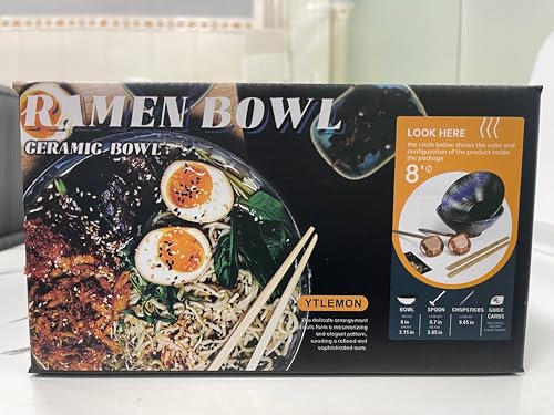 8-Inch Ceramic Ramen Bowl Set of 2 (9 Piece) - Porcelain Japanese Salad Noodles Cereal Fruit Pasta Soup Large Bowls with Recipes Chopsticks Forks Spoons for Men Women Gift Microwave & Dishwasher Safe