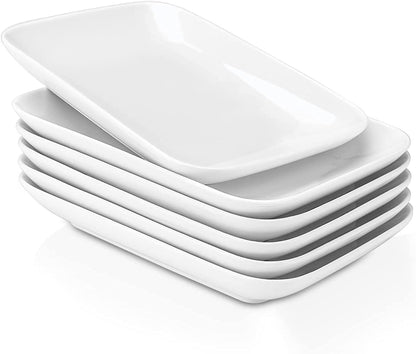 DELLING 8 Inch Rectangular Appetizer Plates, Salad Plates Set, Ceramic Dessert Plates, Small Serving Plates for Salad, Appetizer, Snack, Sushi - Microwave, Oven, and Dishwasher Safe - Set of 6, White