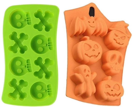 2 Silicone Halloween Soap Molds - Day of The Dead Soaps - Pirate Party Cakes Skulls Crossbones - Pumpkins Ghosts Bats Bath Bombs Random Colors by Jolly Jon