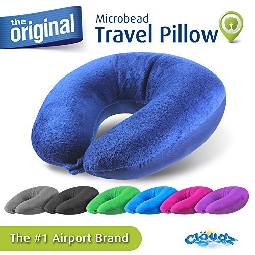 Cloudz Dual Comfort Microbead Airplane Travel Neck Pillow. Super Soft Cozy Plush Fabric on One Side, Cool Relaxing Spandex on The Other! Customize Your Comfort and Support at Home or On The Go!- Blue