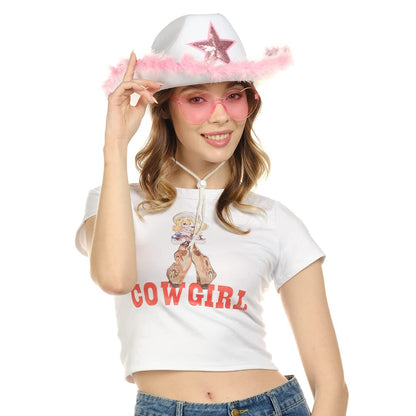 Funcredible White Cowboy Hat and Glasses - Fluffy Cowgirl Hat with Star for Girls - Cowboy Hats with Feathers - Cowgirl Accessories - Halloween Accessories for Women