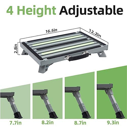 GarfatolRv Iron RV Steps, 4-Level Adjustable Folding Step Stool with Non-Slip Rubber Feet, Non-Slip Fluorescent Strip Platform Rv Accessories, Supports Up to 1000 lbs - Gray