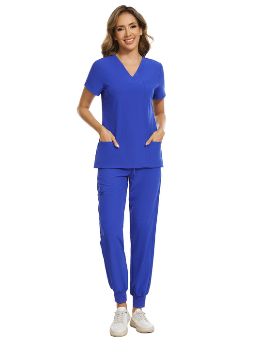 COZYFIT Women's Scrubs Set - Stretch V-Neck Top & Jogger Pant with 8 Pockets, Yoga Waistband, Anti Wrinkle, Slim Fit - Blueberry, XS, Tall