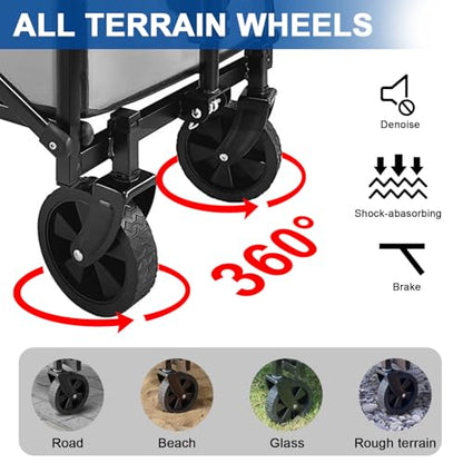 Collapsible Foldable Wagon, Beach Cart Large Capacity, Heavy Duty Folding Wagon Portable, for Outdoor Sports, Shopping, Camping, Gray