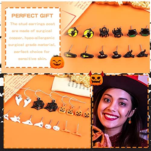 24 Pairs Halloween Earrings for Women Bat Witch Cat Earrings Set Spider Web Pumpkin Skull Dangle Earring Halloween Jewelry Accessories Costumes