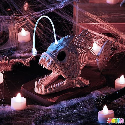 JOYIN Halloween Skeleton Lantern Fish with LED Eye Plastic Bones for Halloween Decoration Party Photo Prop, Graveyard Decor, Indoor Outdoor Spooky Scene(10.2” *5.5” *3”)