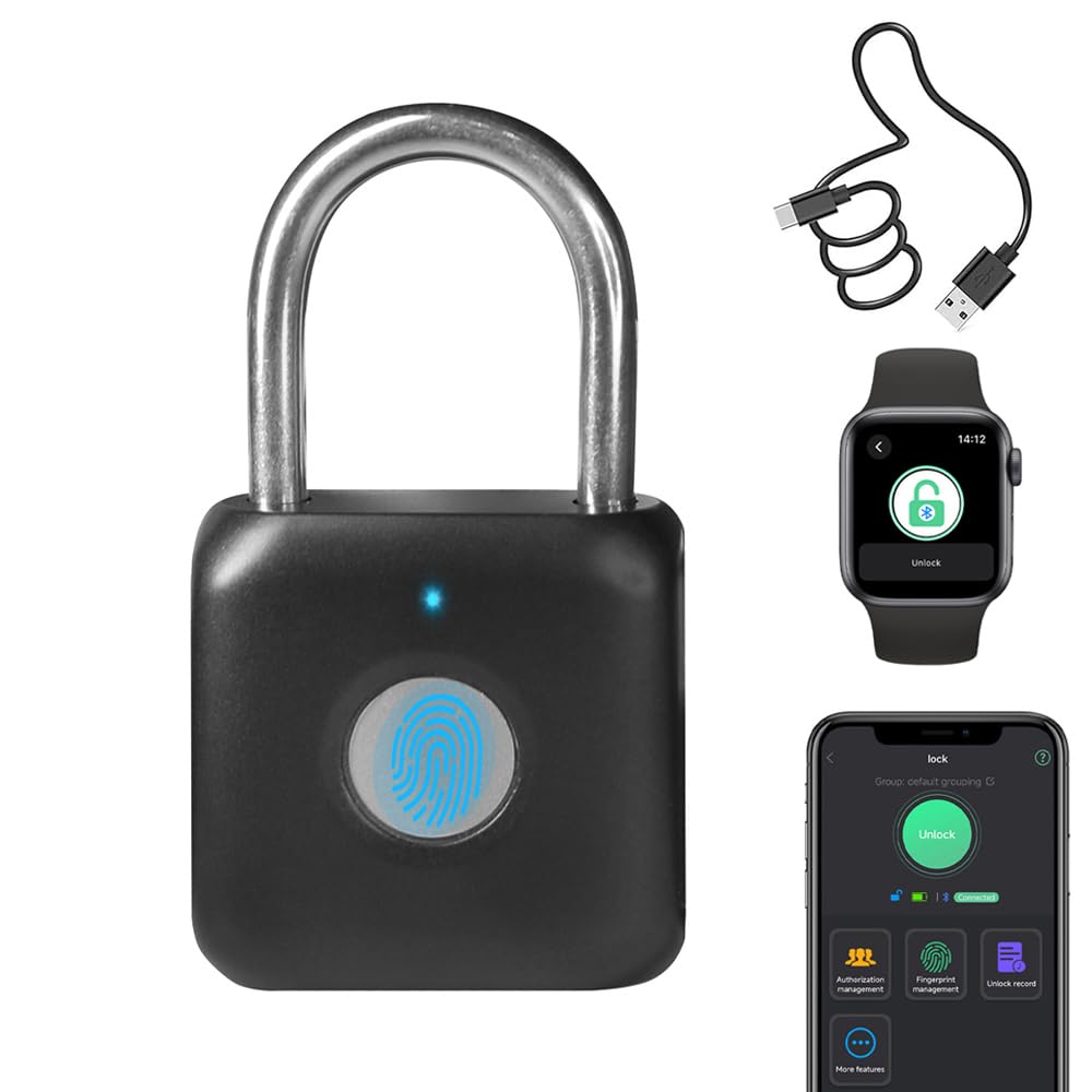 Fingerprint Padlock Phone Watch App Gym Locker Lock: Keyless Padlock eLinkSmart Combination Lock - Black Metal Bluetooth Remote Padlock for Locker Backpack Suitcase Luggage