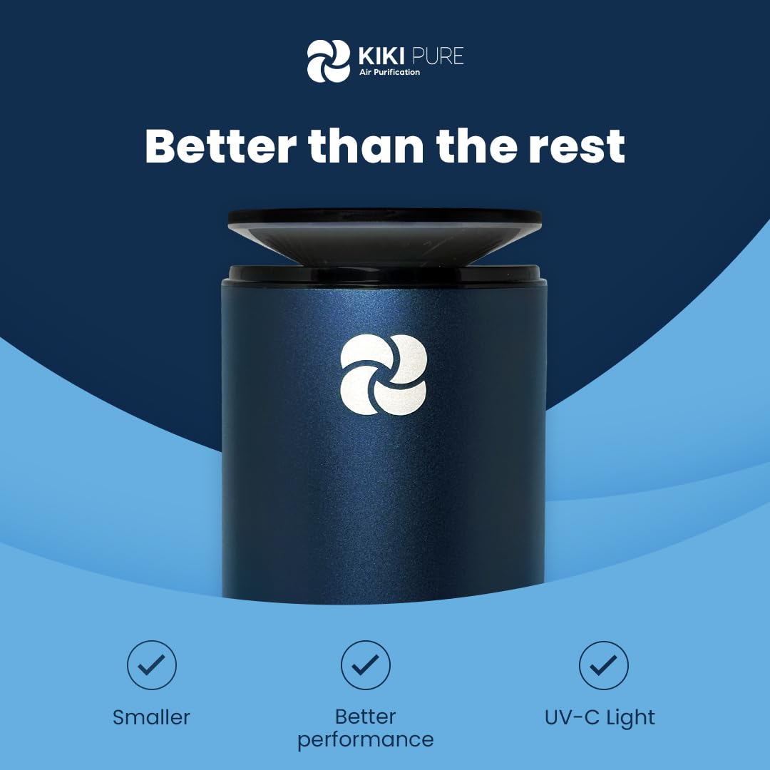 KIKI PURE A2 UV & HEPA Portable Air Purifier -5.6 in tall, 11 oz. Ideal for Travel, In-Car, Mini Air Purifier, SILVER.
