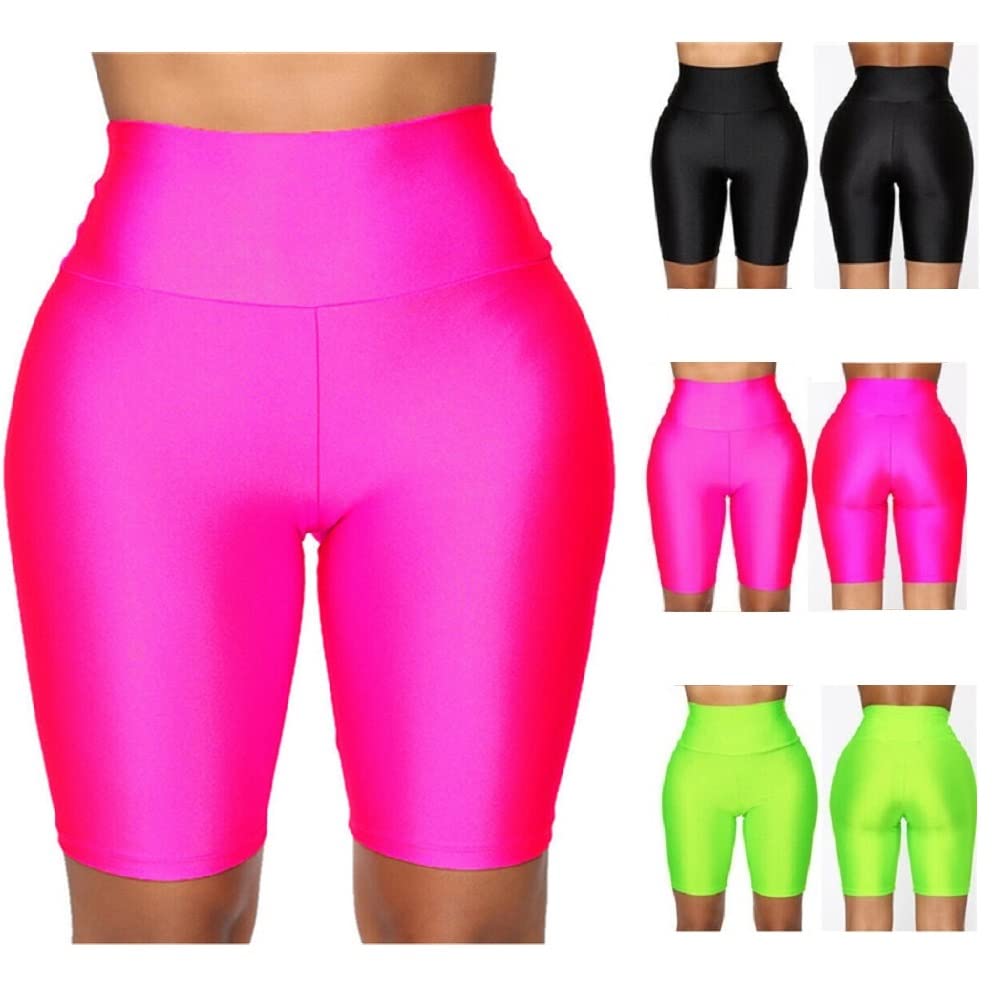 Hupplle Women's Neon Shiny Biker Shorts High Waisted Stretchy Athletic Cycling Shorts Workout Running Pants (as1, Alpha, m, Regular, Regular, Hot Pink)