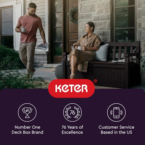 Keter Solana 70 Gallon Storage Bench Deck Box for Patio Furniture, Front Porch Decor and Outdoor Seating – Perfect to Store Garden Tools, Brown/Brown
