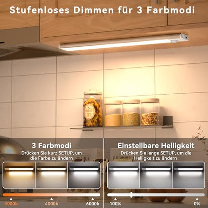 LED Undercabinet Lights with Motion Sensor, 40 cm Undercabinet Lighting, 3 Colors (6000K) and 3000 mAh, Wireless Light Strip, USB Kitchen Lights, for Cabinets and Stairs. 2