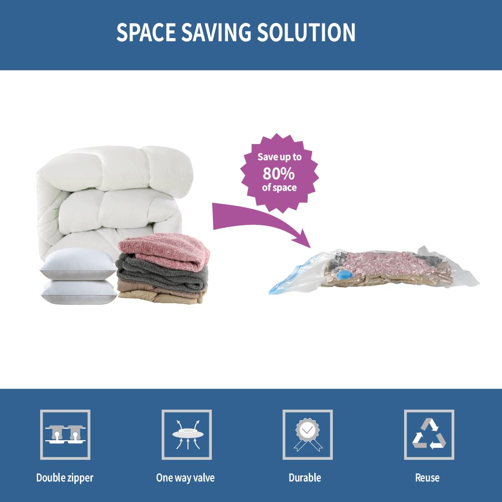 7 Pack Small Space Saver Vacuum Storage Bags for Clothing Travel, Vacuum Seal Compression Bags for Clothes, Packing, Luggage, Blankets, Comforters and Pillows, Hand Pump Included