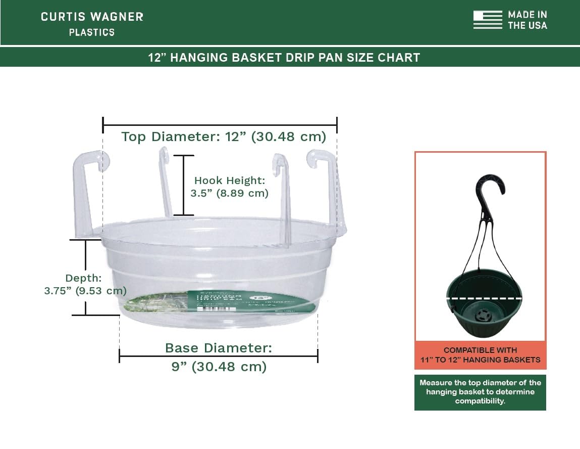 Curtis Wagner Plastics Hanging Basket Drip Pans (5-Pack) | Clear, Round (Diameter = 9" Base, 12" Top, 3.75" Depth) Hanging Plant Tray Saucer with Built-in Hooks & Water Catcher for Indoor & Outdoor