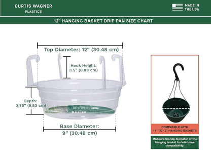 Curtis Wagner Plastics Hanging Basket Drip Pans (5-Pack) | Clear, Round (Diameter = 9" Base, 12" Top, 3.75" Depth) Hanging Plant Tray Saucer with Built-in Hooks & Water Catcher for Indoor & Outdoor