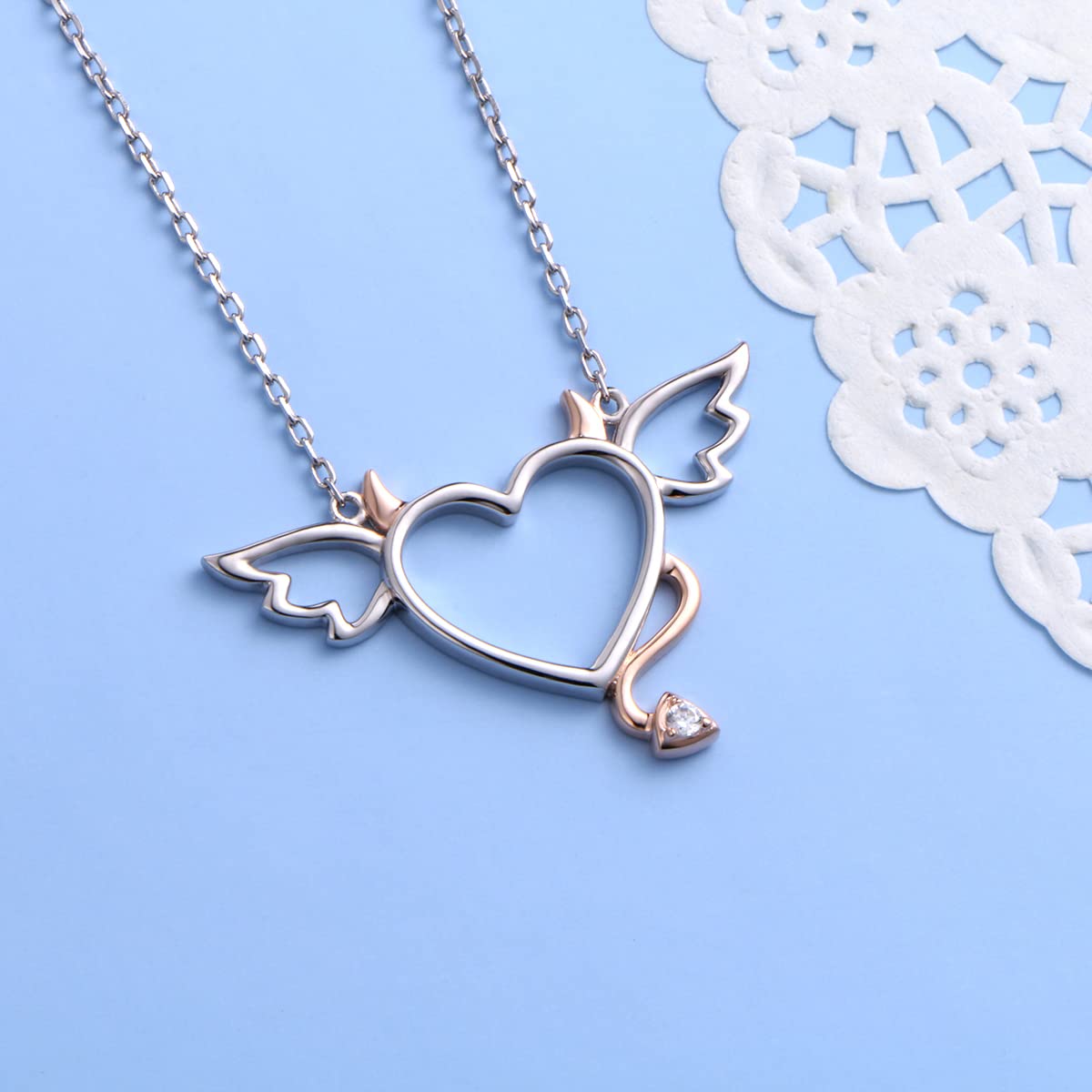 DAOCHONG Halloween Two-Tone 925 Sterling Silver Devil Heart with Wings Pendant Necklace for Women, 18 inches