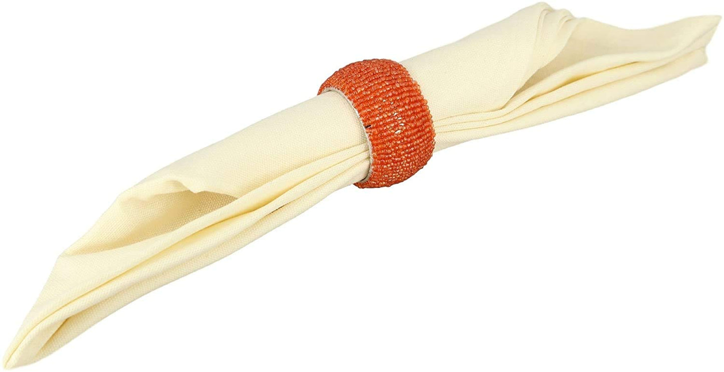 Handmade Indian Beaded Napkin Rings for Christmas, Thanksgiving, Holiday Party, Dinner Party - Napkin Holder (Orange, Set of 6)