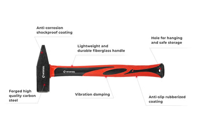 INTERTOOL 2 lbs Cross Peen Hammer, 1000g Heavy Duty Engineer Hammer, Mechanic, Blacksmith, Sheet Metal, 14” Shock Absorbing Fiberglass Handle HT08-0210